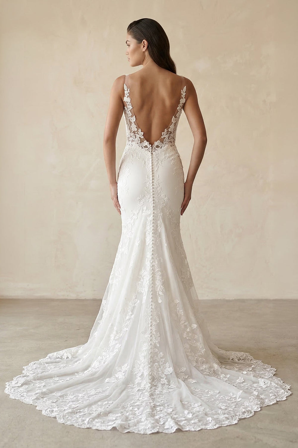 V-Neck Lace Mermaid Appliqued Wedding Dress in White