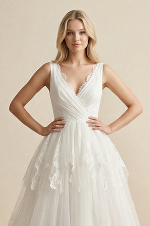V - Neck Lace Tulle Ruched Wedding Dress in Ivory - KISS BRIDAL Wedding Dresses