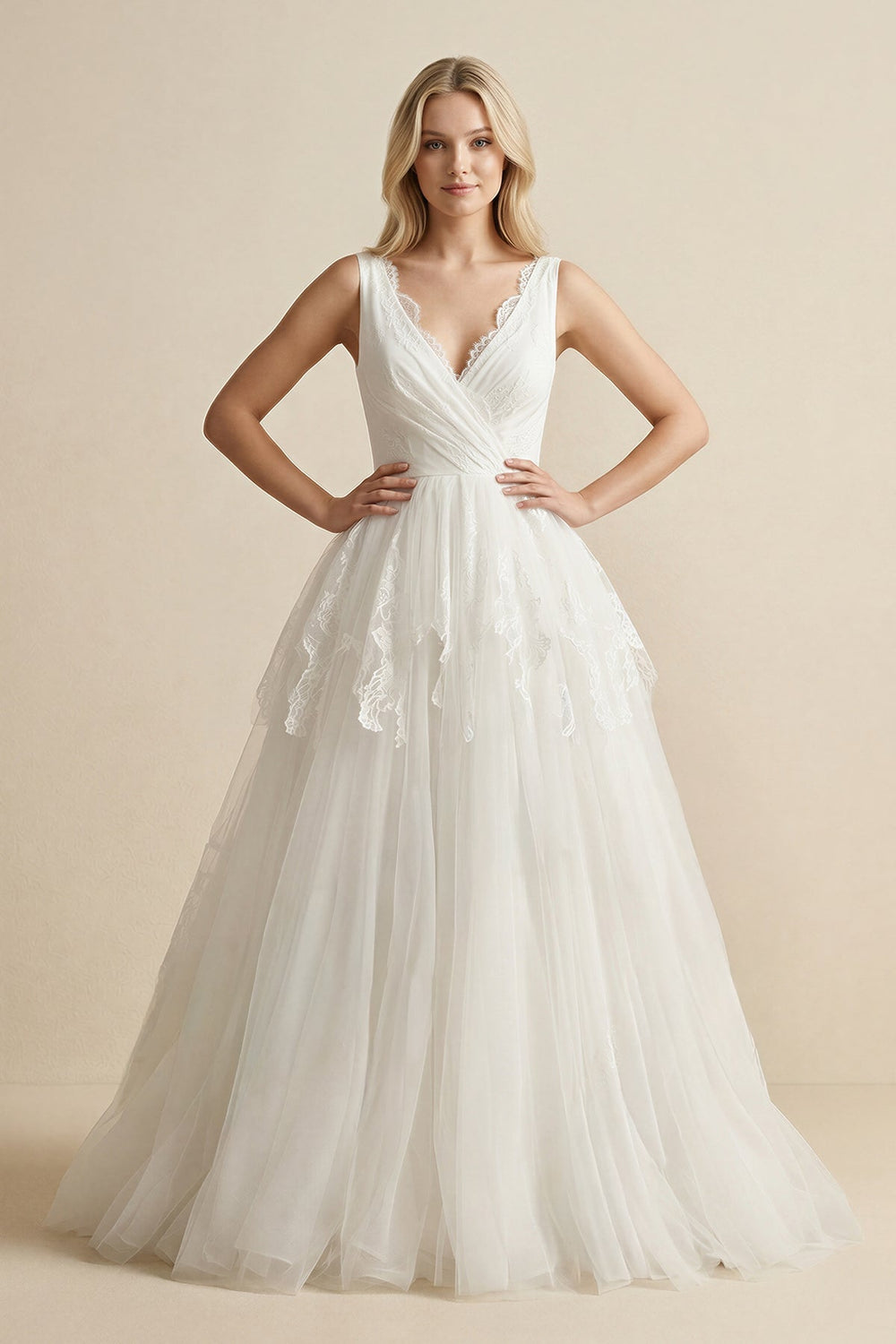 V-Neck Lace Tulle Ruched Wedding Dress in Ivory