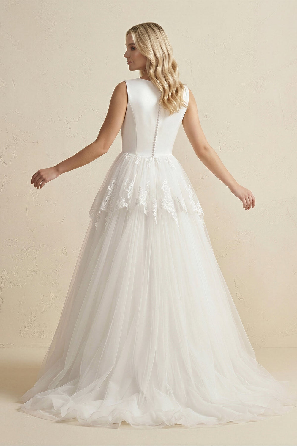 V-Neck Lace Tulle Ruched Wedding Dress in Ivory