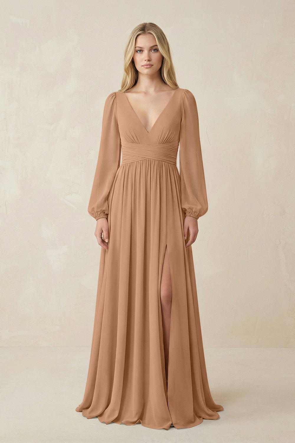 V-Neck Long Sleeve A-Line Chiffon Bridesmaid Dress in Bronzer