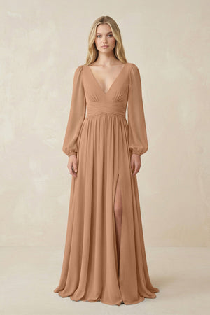 V-Neck Long Sleeve A-Line Chiffon Bridesmaid Dress in Bronzer - KISS BRIDAL BRIDESMAID DRESSES