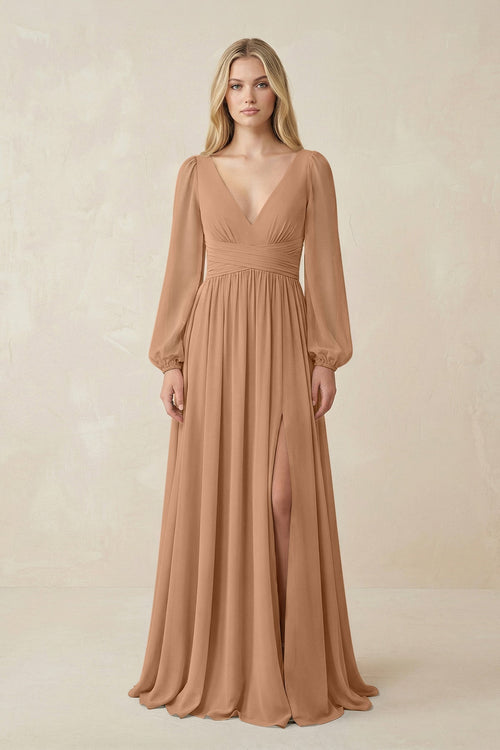 V-Neck Long Sleeve A-Line Chiffon Bridesmaid Dress in Bronzer - KISS BRIDAL BRIDESMAID DRESSES