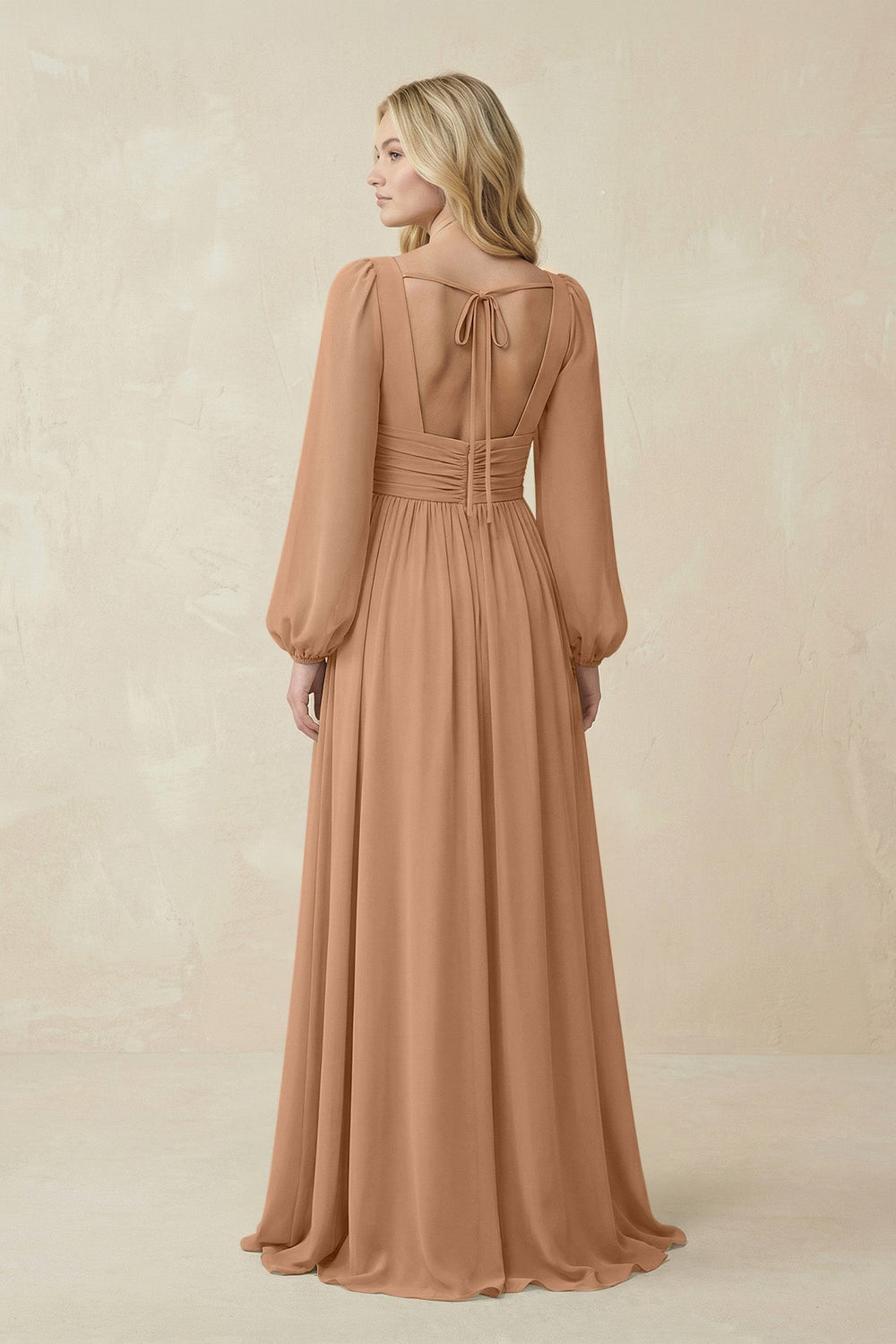 V-Neck Long Sleeve A-Line Chiffon Bridesmaid Dress in Bronzer