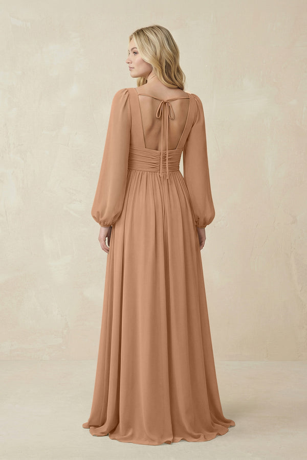 V-Neck Long Sleeve A-Line Chiffon Bridesmaid Dress in Bronzer - KISS BRIDAL BRIDESMAID DRESSES