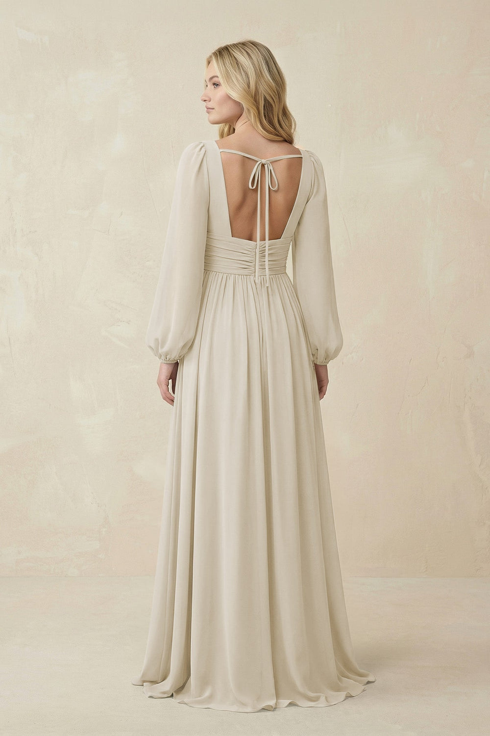 V-Neck Long Sleeve A-Line Chiffon Bridesmaid Dress in Dove Gray