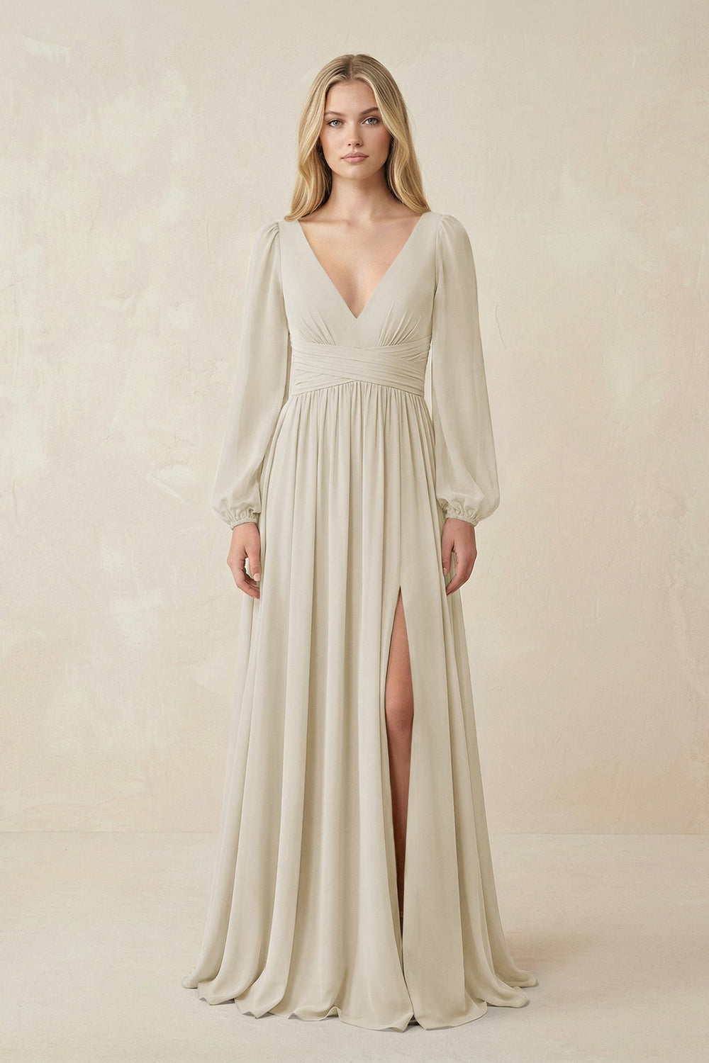 V-Neck Long Sleeve A-Line Chiffon Bridesmaid Dress in Dove Gray
