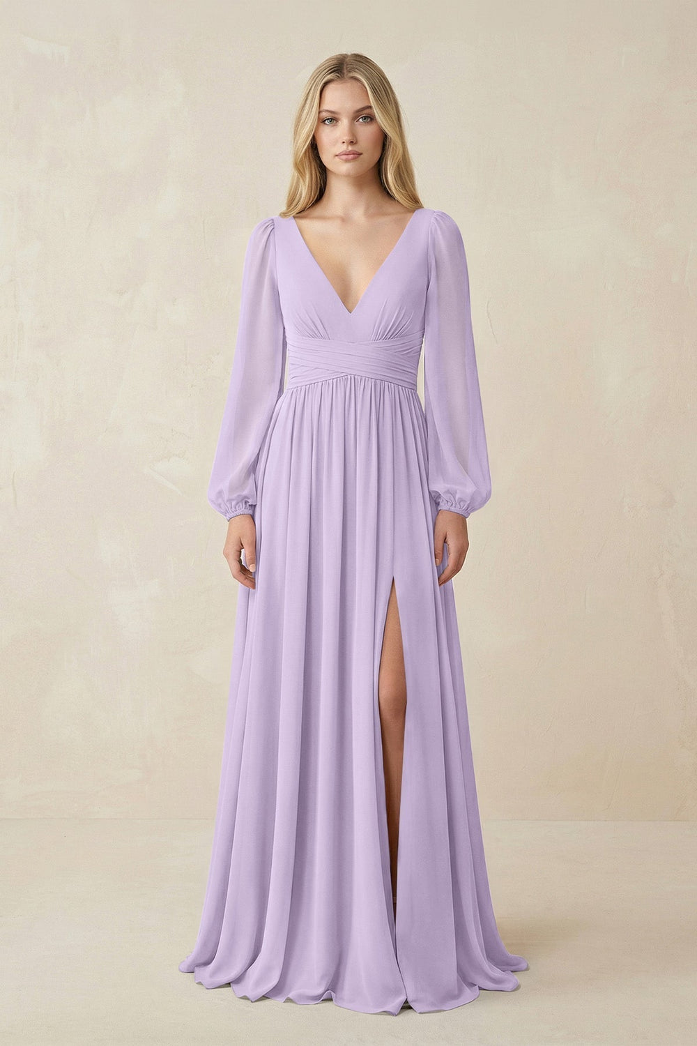 V-Neck Long Sleeve A-Line Chiffon Bridesmaid Dress in Lavender