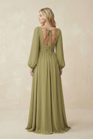 V-Neck Long Sleeve A-Line Chiffon Bridesmaid Dress in Moss Green (2) | KISSBRIDAL