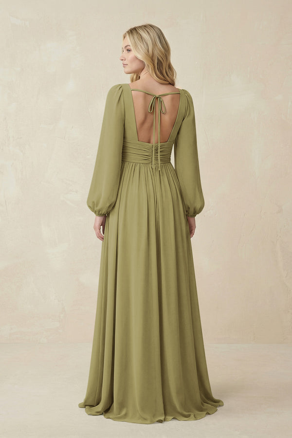 V-Neck Long Sleeve A-Line Chiffon Bridesmaid Dress in Moss Green (2) | KISSBRIDAL