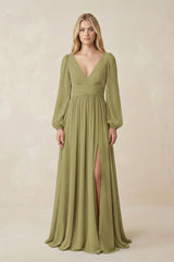 V-Neck Long Sleeve A-Line Chiffon Bridesmaid Dress in Moss Green | KISSBRIDAL