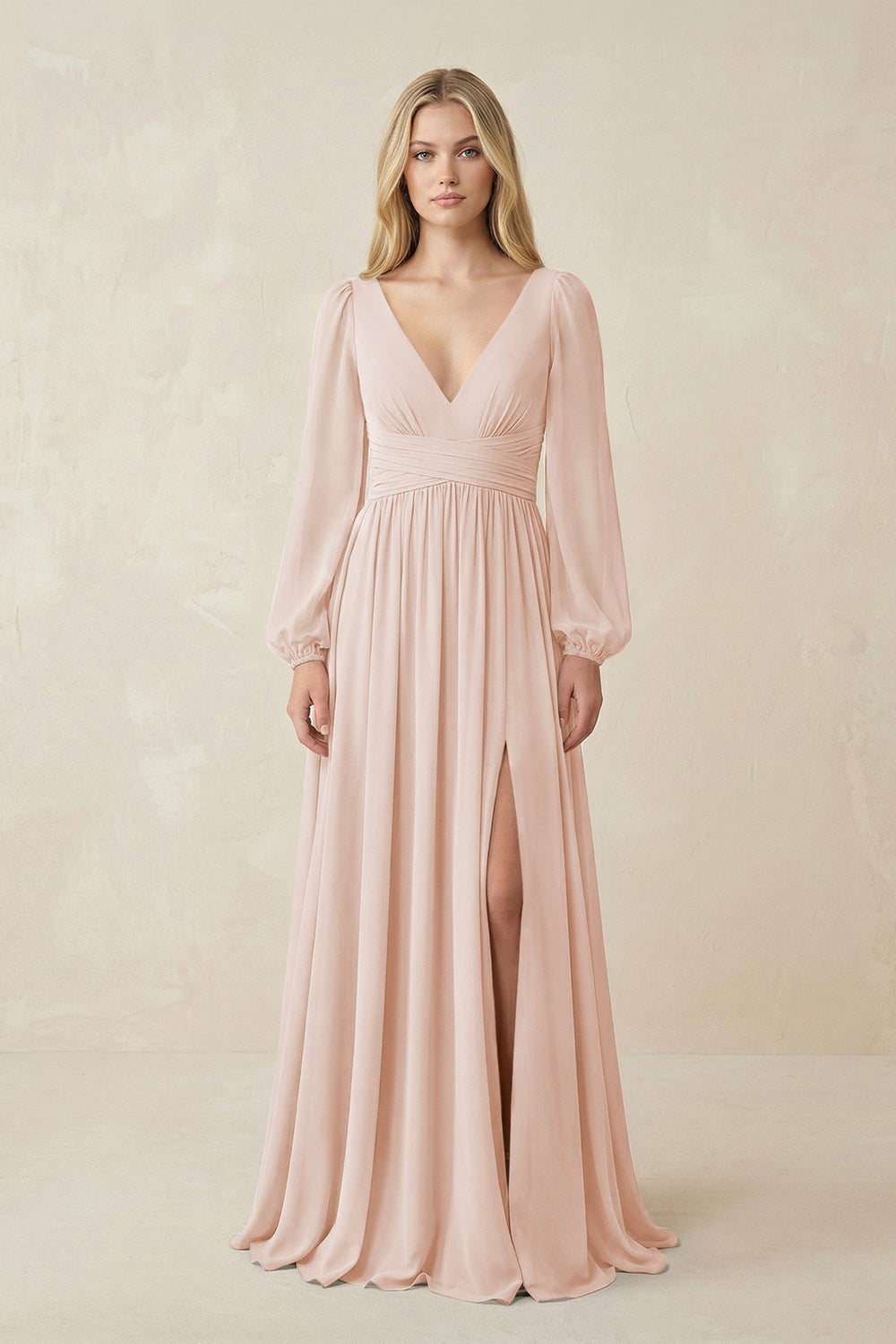 V-Neck Long Sleeve A-Line Chiffon Bridesmaid Dress in Pale Blush