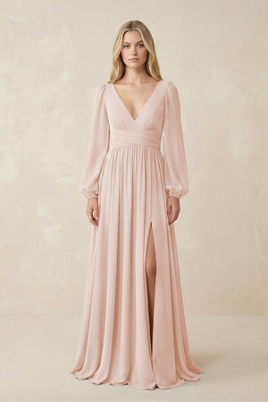 V-Neck Long Sleeve A-Line Chiffon Bridesmaid Dress in Pale Blush - KISS BRIDAL BRIDESMAID DRESSES