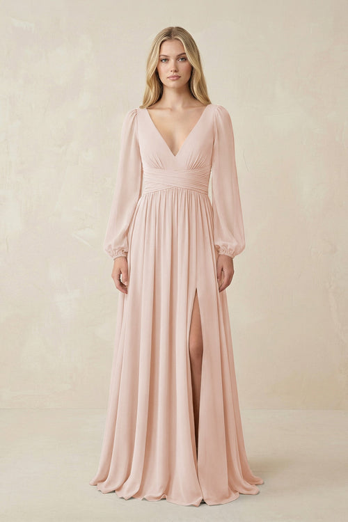 V-Neck Long Sleeve A-Line Chiffon Bridesmaid Dress in Pale Blush - KISS BRIDAL BRIDESMAID DRESSES