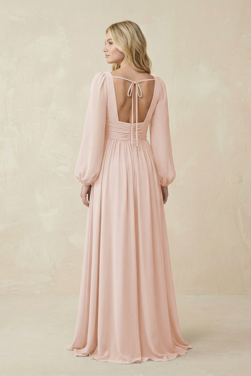 V-Neck Long Sleeve A-Line Chiffon Bridesmaid Dress in Pale Blush