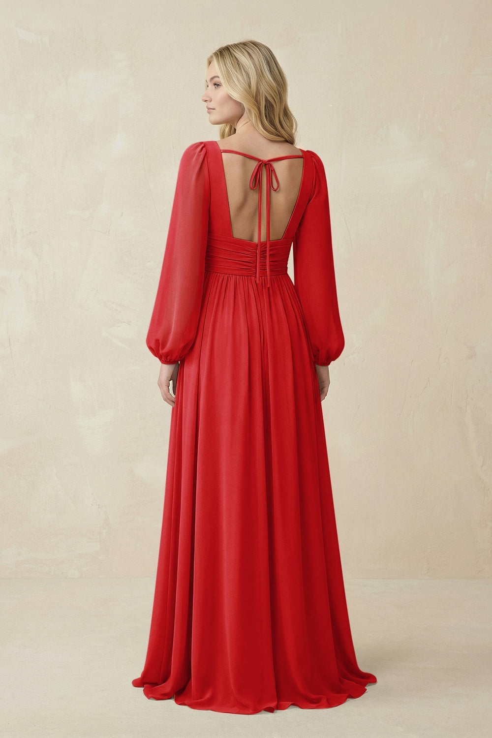 V-Neck Long Sleeve A-Line Chiffon Bridesmaid Dress in Ruby Red