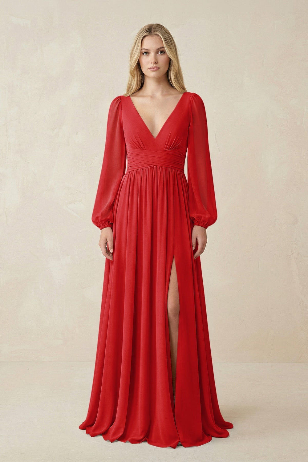 V-Neck Long Sleeve A-Line Chiffon Bridesmaid Dress in Ruby Red