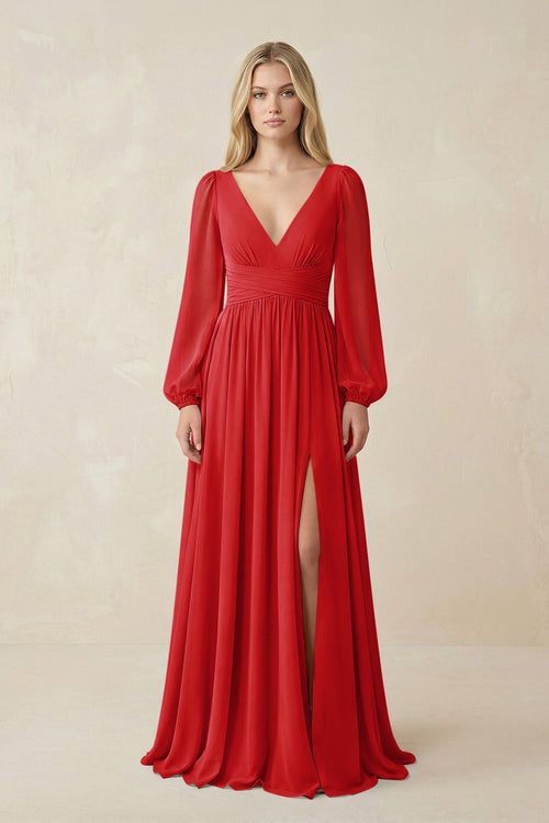 V-Neck Long Sleeve A-Line Chiffon Bridesmaid Dress in Ruby Red - KISS BRIDAL BRIDESMAID DRESSES