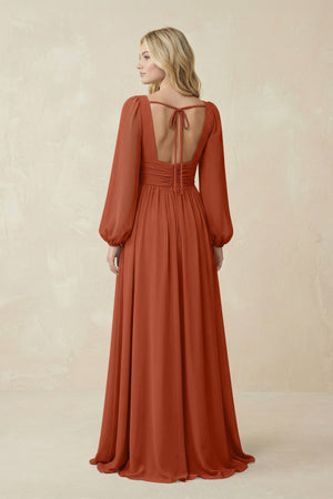 V-Neck Long Sleeve A-Line Chiffon Bridesmaid Dress in Spice - KISS BRIDAL BRIDESMAID DRESSES