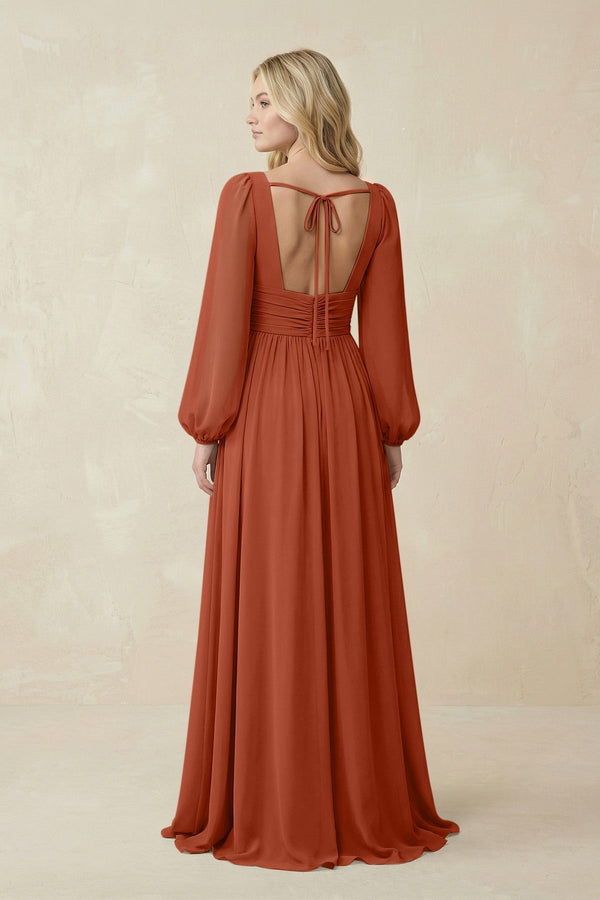 V-Neck Long Sleeve A-Line Chiffon Bridesmaid Dress in Spice - KISS BRIDAL BRIDESMAID DRESSES