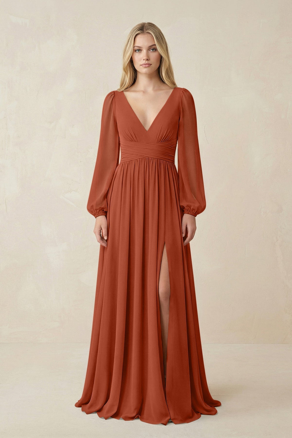 V-Neck Long Sleeve A-Line Chiffon Bridesmaid Dress in Spice