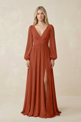 V-Neck Long Sleeve A-Line Chiffon Bridesmaid Dress in Spice - KISS BRIDAL BRIDESMAID DRESSES