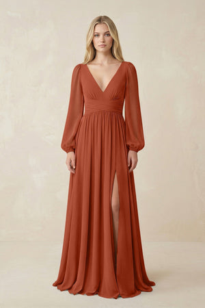 V-Neck Long Sleeve A-Line Chiffon Bridesmaid Dress in Spice - KISS BRIDAL BRIDESMAID DRESSES