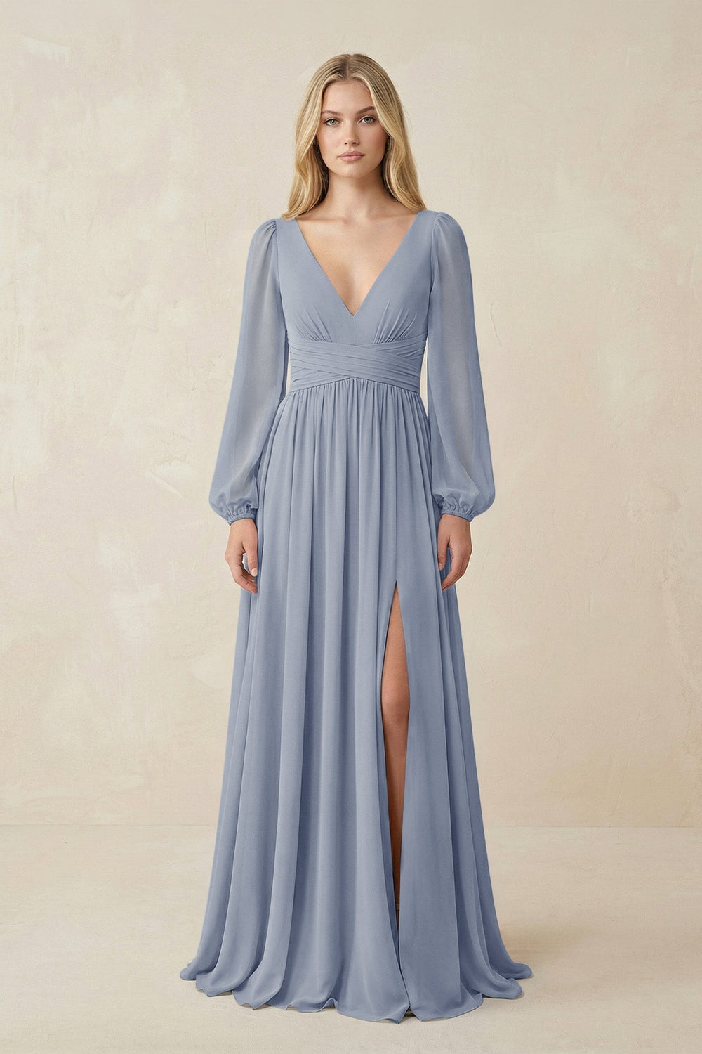 V-Neck Long Sleeve A-Line Chiffon Bridesmaid Dress in Twilight