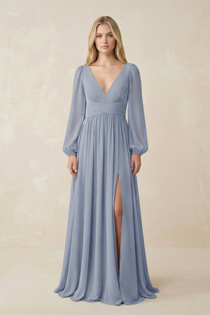 V-Neck Long Sleeve A-Line Chiffon Bridesmaid Dress in Twilight - KISS BRIDAL BRIDESMAID DRESSES