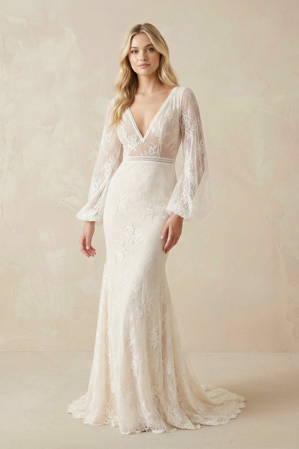 V-Neck Long Sleeve Mermaid Lace Wedding Dresses