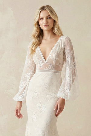 V - Neck Long Sleeve Mermaid Backless Lace Wedding Dresses - KISS BRIDAL Wedding Dresses