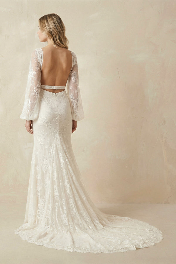 V - Neck Long Sleeve Mermaid Backless Lace Wedding Dresses - KISS BRIDAL Wedding Dresses