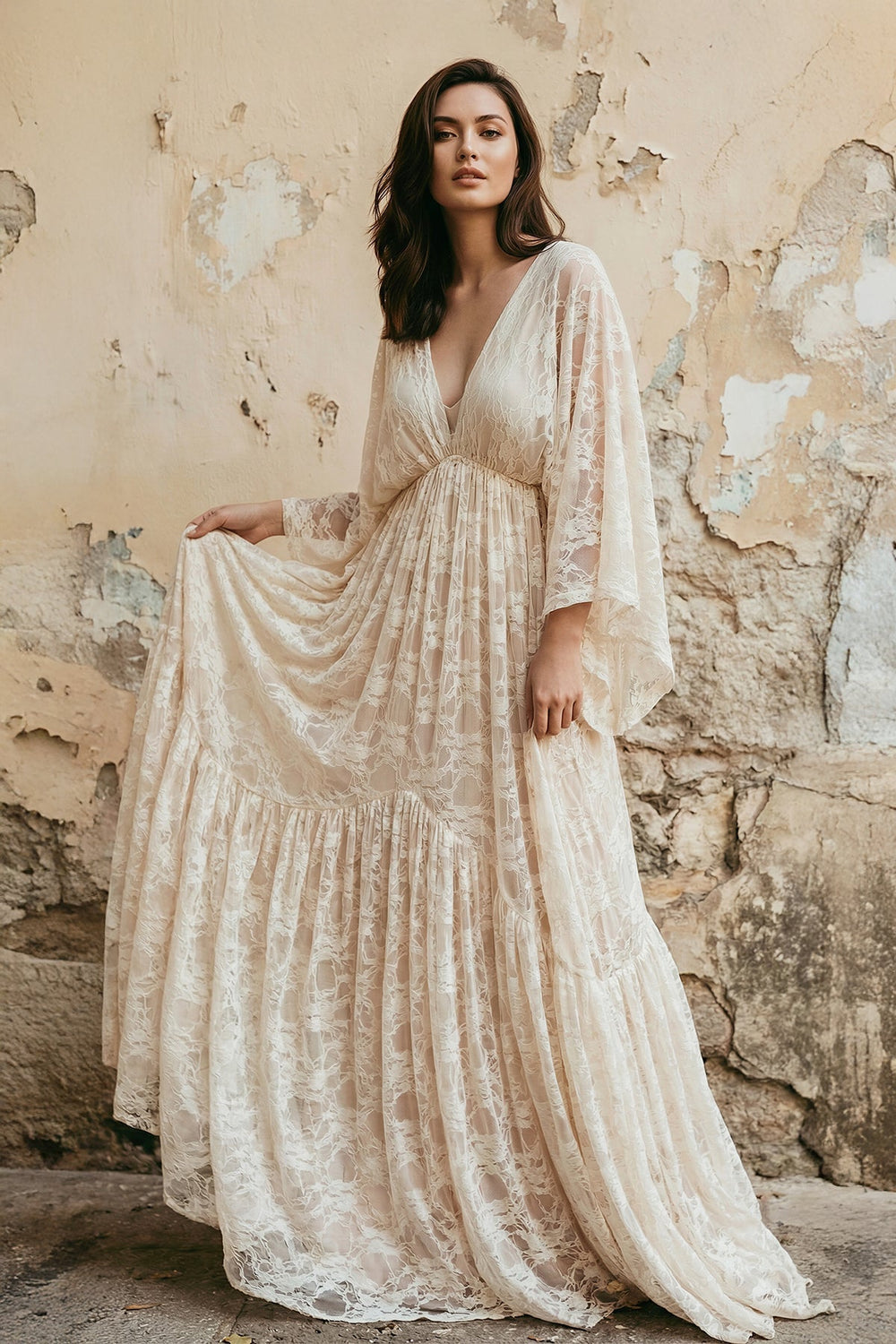V Neck Long Sleeves Lace Wedding Dress