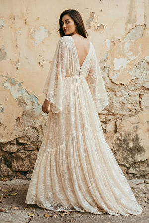 V Neck Long Sleeves Lace Wedding Dress - KISS BRIDAL Wedding Dresses