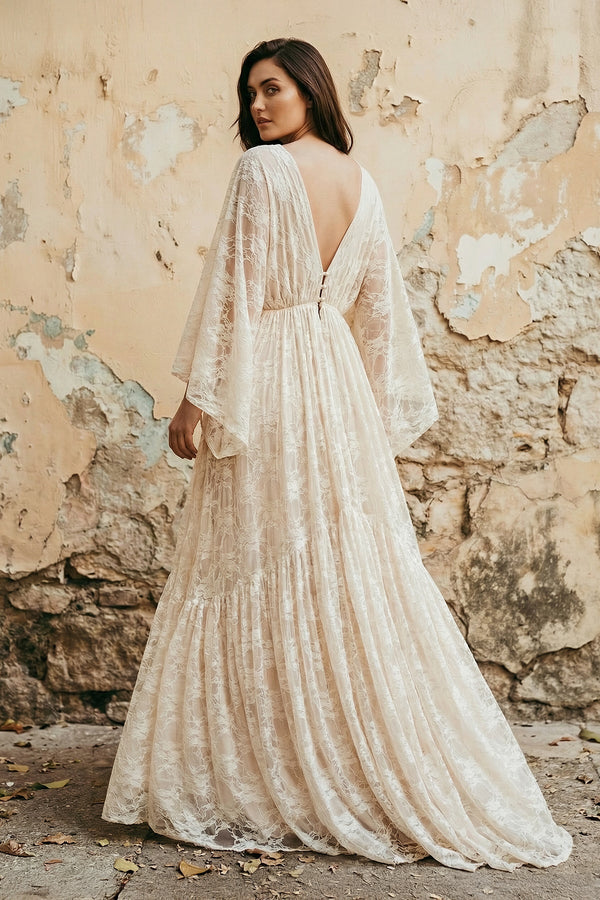 V Neck Long Sleeves Lace Wedding Dress - KISS BRIDAL Wedding Dresses