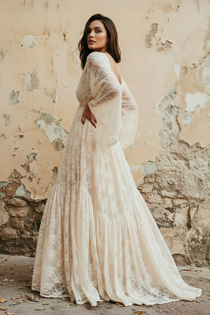 V Neck Long Sleeves Lace Wedding Dress - KISS BRIDAL Wedding Dresses