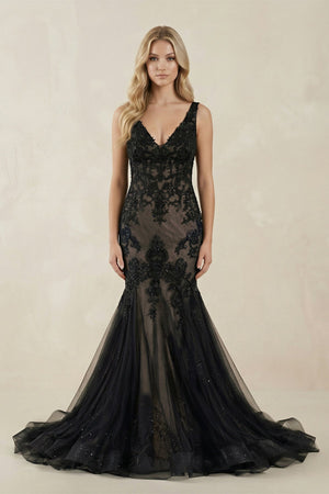 V - Neck Mermaid Appliqued Tulle Wedding Dress in Black - KISS BRIDAL Wedding Dresses