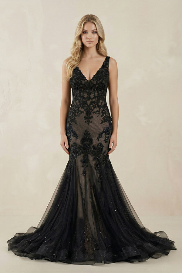 V - Neck Mermaid Appliqued Tulle Wedding Dress in Black - KISS BRIDAL Wedding Dresses