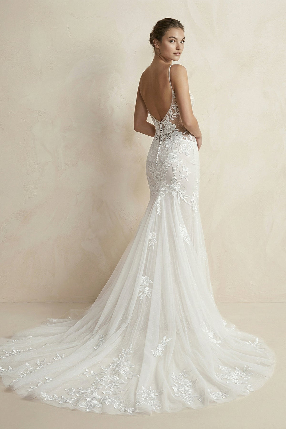 Plunging Mermaid Lace Appliqued Wedding Dress in White
