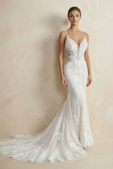 V Neck Mermaid Lace Appliqued Wedding Dress in White - KISS BRIDAL Wedding Dresses