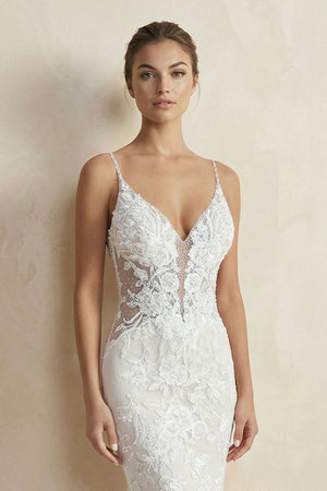 V Neck Mermaid Lace Appliqued Wedding Dress in White - KISS BRIDAL Wedding Dresses