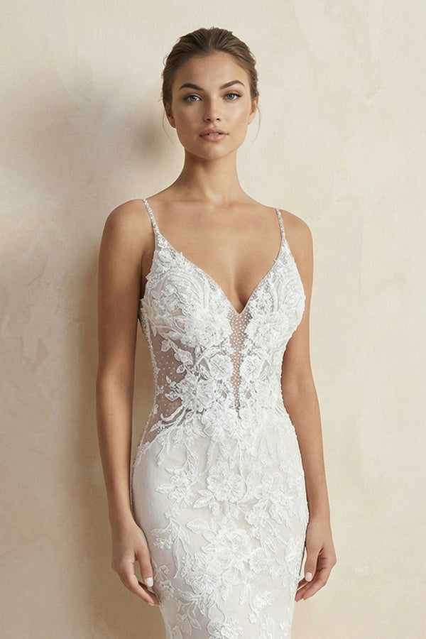 V Neck Mermaid Lace Appliqued Wedding Dress in White - KISS BRIDAL Wedding Dresses