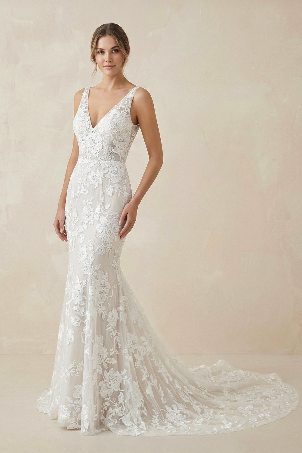 White and Nude V Neck Lace Mermaid Wedding Dress