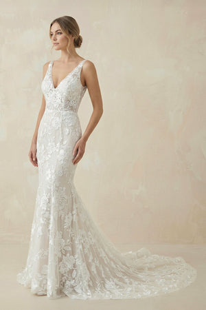 V Neck Mermaid Lace Wedding Dress in White and Nude - KISS BRIDAL Wedding Dresses
