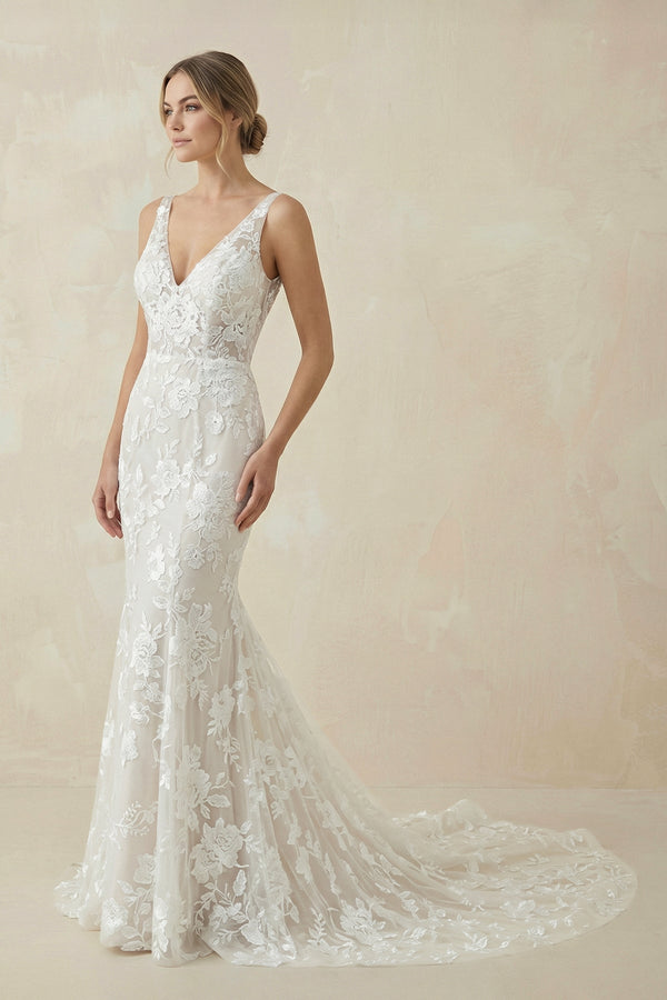 V Neck Mermaid Lace Wedding Dress in White and Nude - KISS BRIDAL Wedding Dresses