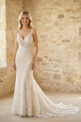 V Neck Mermaid Lace Wedding Dress in White and Nude - KISS BRIDAL Wedding Dresses