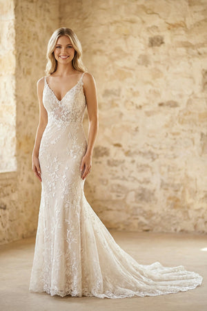 V Neck Mermaid Lace Wedding Dress in White and Nude - KISS BRIDAL Wedding Dresses