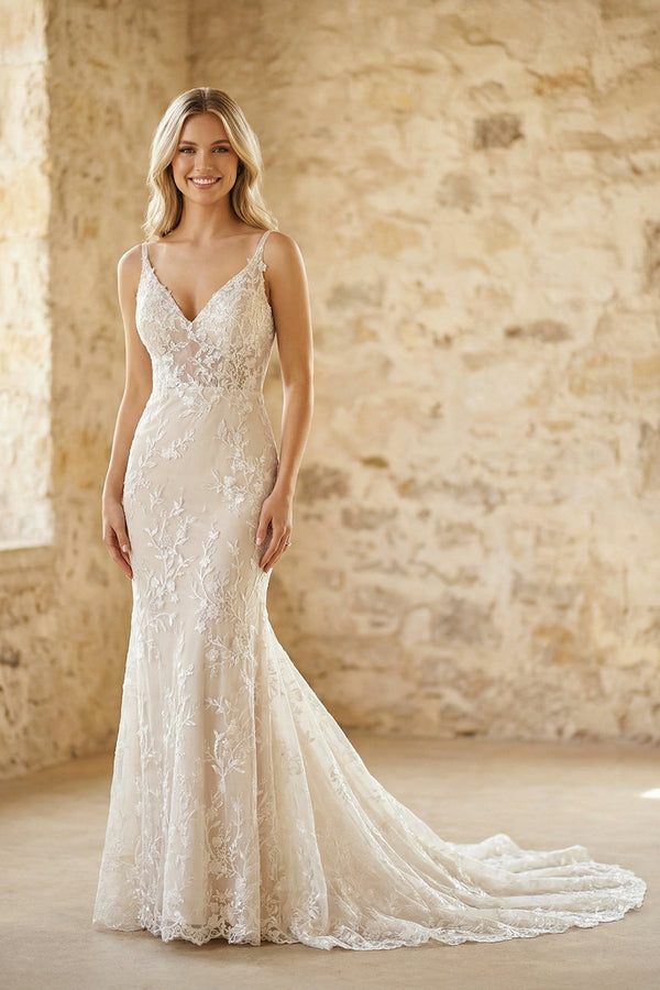 V Neck Mermaid Lace Wedding Dress in White and Nude - KISS BRIDAL Wedding Dresses