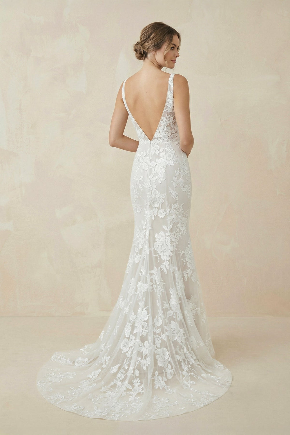 White and Nude V Neck Lace Mermaid Wedding Dress
