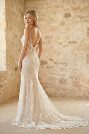 V Neck Mermaid Lace Wedding Dress in White and Nude - KISS BRIDAL Wedding Dresses
